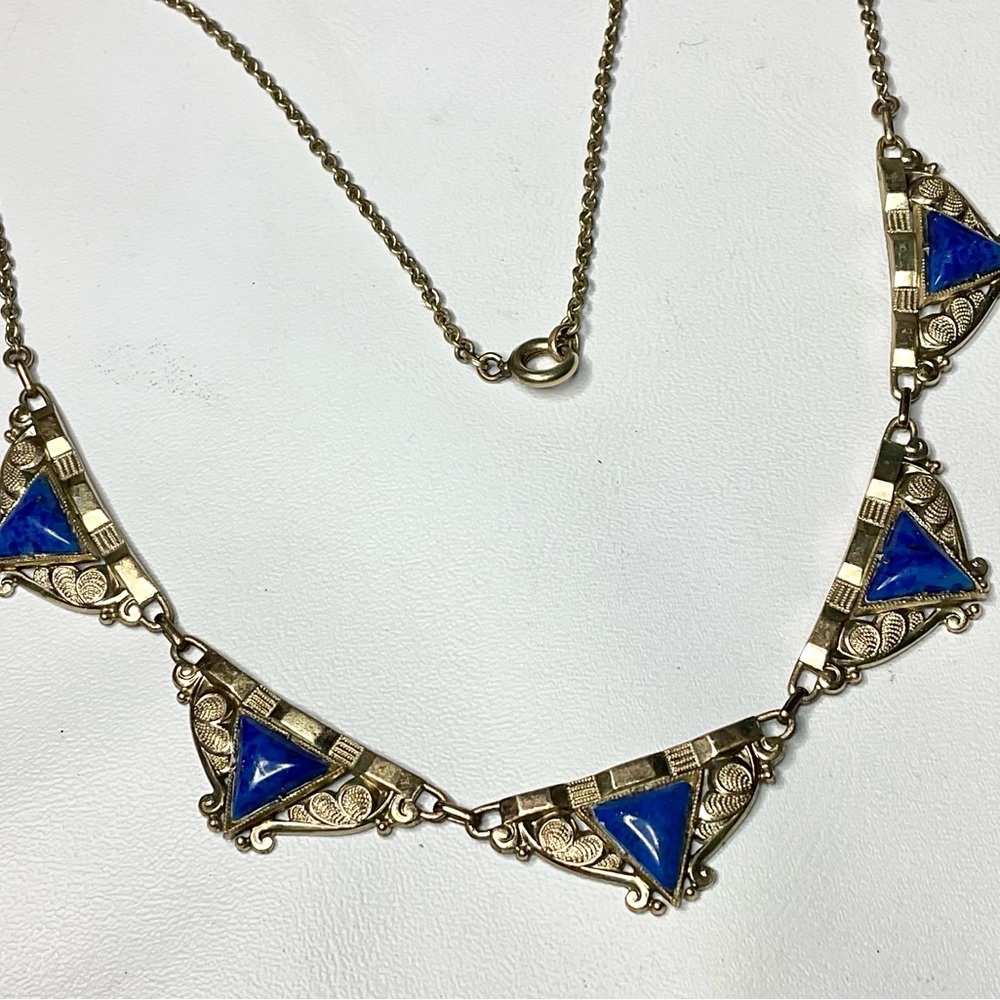 Art Deco Rolled Gold Collar Necklace w/Peking Glass Stones